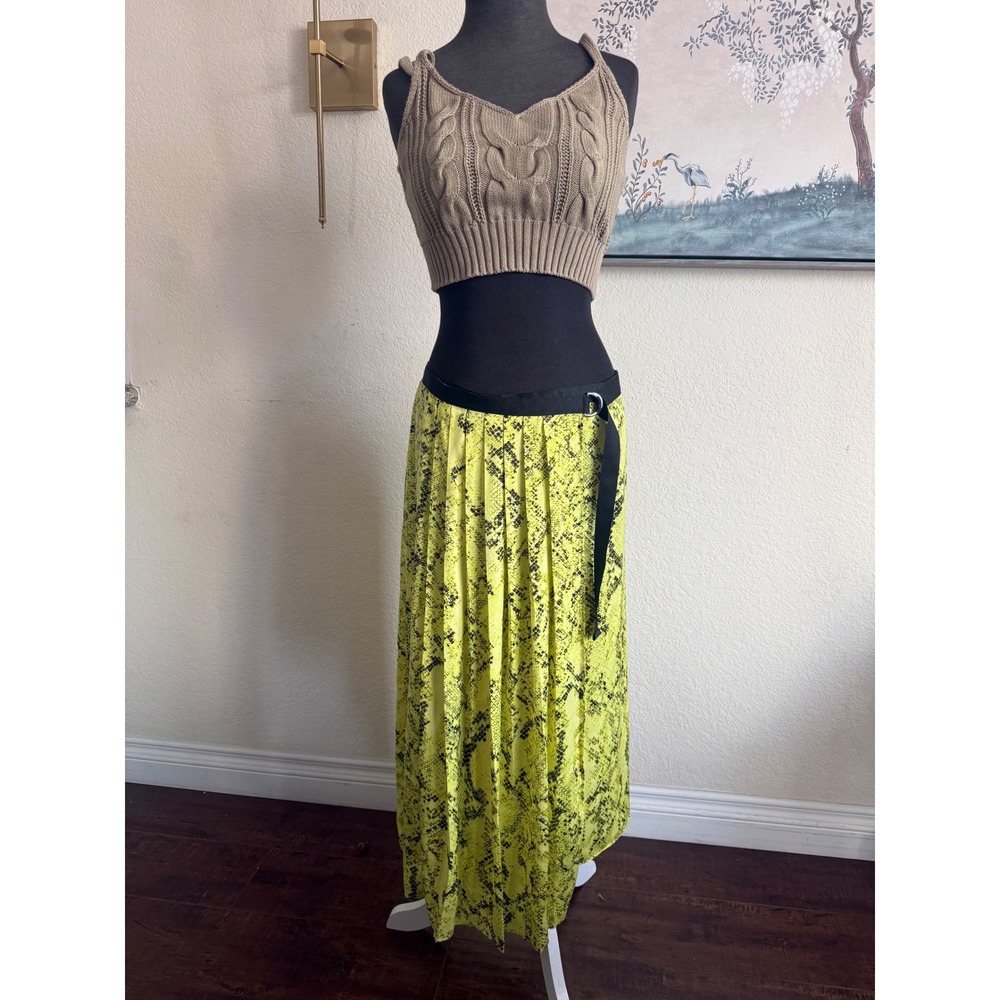 Neon Yellow Snakeskin Pleated Maxi Skirt with D-Ring Belt Accent‎